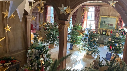 View from high with hanging stars and several decorated Christmas trees in a large wooden panelled hall